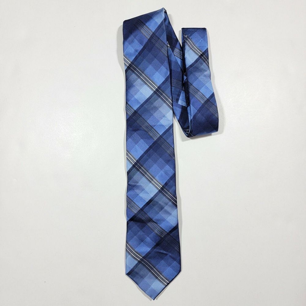 Calvin Klein Neck Tie - Plaid - Navy Blue - Silk - NEW